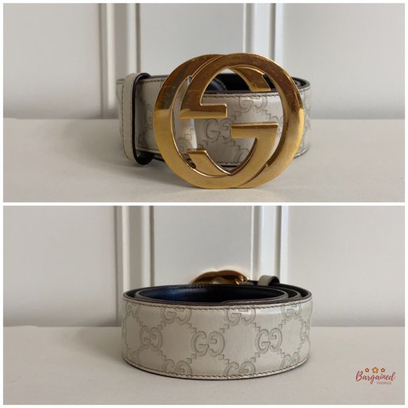 Authentic Gucci Cream Guccissima Leather Gold Interlocking G Buckle Belt 80/32 - Picture 3 of 12